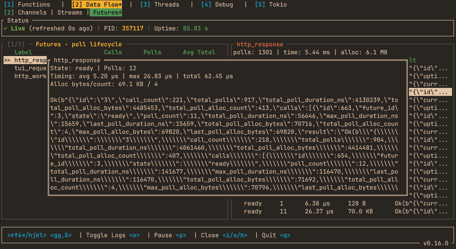 hotpath-rs TUI showing its own performance metrics