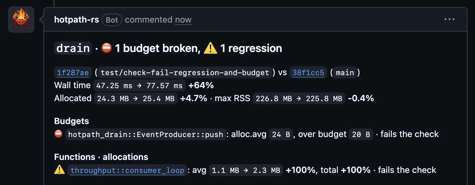 hotpath Cloud pull request comment showing wall time, allocation and RSS changes against the main branch