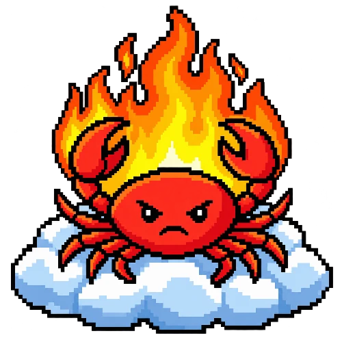 hotpath Cloud mascot, an angry crab on fire sitting on a cloud