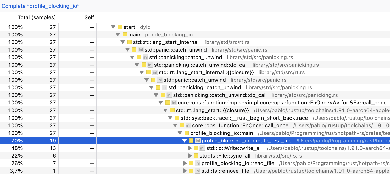 samply sampling profiler report for Rust blocking I/O workload